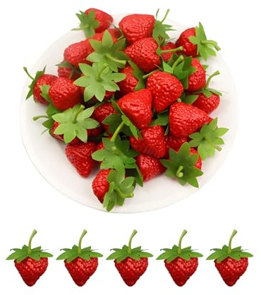 TINGSING 30 Stück Gefälschte Erdbeeren Kunststoff Faux Künstliche Erdbeeren Lebensechte Rote Erdbeeren Realistische Dekorative Obst Requisiten für Zuhause Küche Party Hochzeit Fotografie Dekoration, S