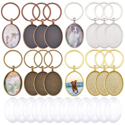 DICOSMETIC 16 Satz 4 Farben Oval Schlüsselanhänger Anhänger Tablett 30x20mm Legierung Cabochon Schlüsselanhänger Rohlinge DIY Schlüsselanhänger Herstellungsset Für Foto Schlüsselanhänger Herstellung