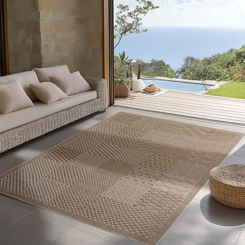 Carpettex Indoor Outdoor Teppich wetterfest Beige 120x170 cm Läufer, UV-beständig, Ideal für Küche, Balkon, Terrasse, Wohnzimmer und Esszimmer, Boho Stil