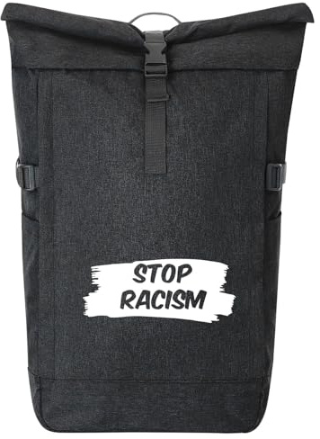 Huuraa Kurierrucksack Stop Racism 30-44 Liter Black Melange Fairtrade Rolltop Rucksack Geschenkidee