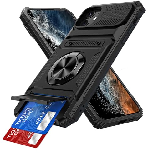 Card Holder Case for iPhone 11 6.1in Magnetic Ring Kickstand Black LM | Heavy Duty Shockproof Protective Case Hard PC + Soft TPU Dual Layer Rugged Cover with Car Mount for iPhone 11