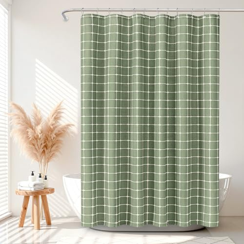 VANZAVANZU Duschvorhang im Bohemian Bauernhaus Karomuster Vintage Landhaus Duschvorhang Polyester-Leinen-Stoff mit für Badezimmer Badewanne 182x182 cm
