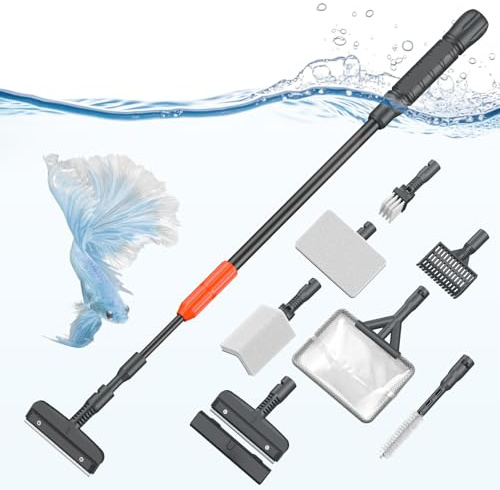 Pawfly Aquarium Cleaning Tools, 7 in 1 Fish Tank Cleaning Kit, Algae Scraper, Sponge Scrubber Pad, Brush, Gravel Rake & Fish Net with Adjustable Long Handle,Tank Cleaner Set