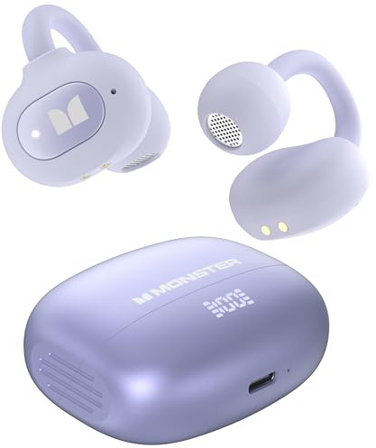 Monster Open Ear AC339 - Cuffie wireless Bluetooth 5.4 con stereo HiFi, clip per orecchio aperto, 40 ore di riproduzione, controllo touch, impermeabile IPX6 (viola, nuovo)