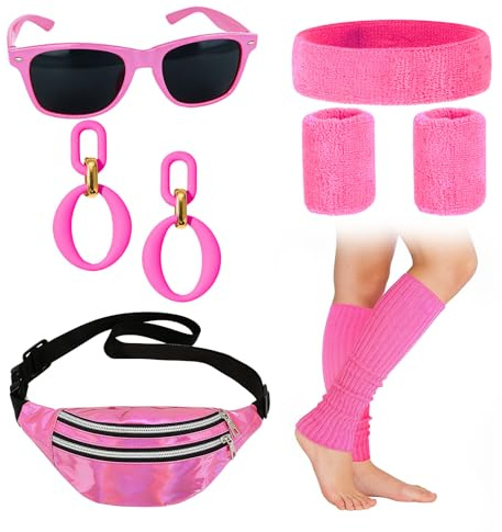 Bvxchg 80er Jahre Outfit Damen, 80er 90er Bauchtasche Stirnband Neon, Stirnband, Beinwärmer, Ohrringe, HandschuheWasserdicht für Kostüm Party Fasching Karneval, Retro Party
