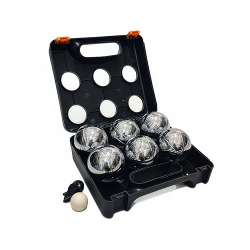 Relaxdays Boule Kugeln, 6 Stahlkugeln, Set mit Zielkugel, schwarz/Silber | Abstandsmesser & Koffer, Boccia Spiel