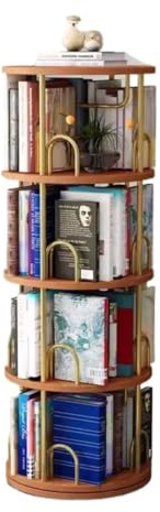 GOOPEEG Regal für Sammlerstücke Um 360° Drehbares Bücherregal, 4-stufiges, Holz-Stahl-Bücherregale Für Wohnzimmer, Bodenstehendes Büroregal, Offene Ablagen(Gold+Teak)