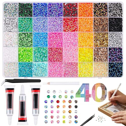SERTAS 32000 Pcs Bedazzling Kit with 40 Colors Resin Jelly Rhinestones,3mm Flatback Gems Includes 3X 10ml B7000 Glue, Wax Pen and Tweezers for Clothes, Shoes, Nails & DIY Art (32000)