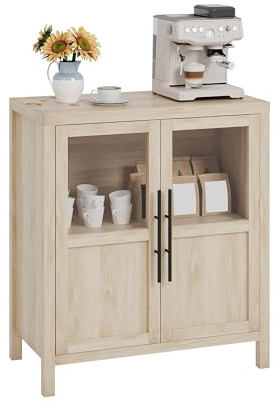 Sideboard mit 2 Glastüren & Verstellbaren Regalen, Moderner Farmhouse Buffetschrank, Vielseitige Aufbewahrung für Küche, Esszimmer oder Wohnzimmer, Massivholzplatte, 73 x 40 x 86cm, Holzfarbe