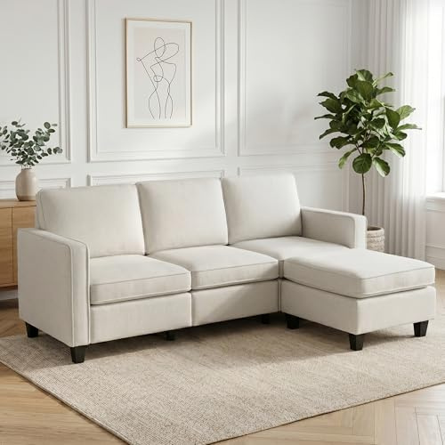 HIPIHOM 3-Sitzer Sofa Beige mit Hocker, Moderne L-Form Couch mit beweglichem Fußhocker, bequemes Ecksofa Loungesofa mit Schaumstoffpolsterung für Wohnzimmer, Schlafzimmer, Büro und kleine Räume