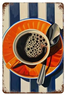 WUJHGRSG Flat Striped Orange Brew Cup 02 Vintage Metal Tin Sign Poster, Modern Iron Wall Art Decor, Retro Wall Plaque for Home, Coffee Club, Bar & Shop 30x20cm