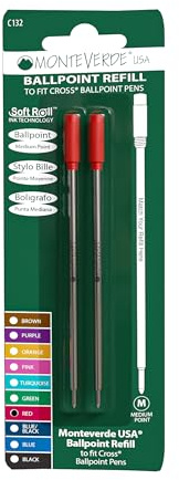 Monteverde Medium Ballpoint Soft Roll Refill for Cross Pens - Red (Pack of 2)