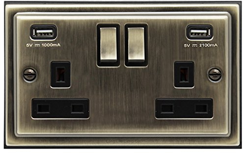 Antique Brass USB Double Wall Plug Socket 2 Gang 13A with 2 USB Charger Port Outlets Socket Plate BE776KME