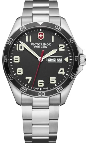 Victorinox Herren Armbanduhr Fieldforce Ø 42mm, Swiss Made, Analog Quarz, Wasserdicht bis 100m, 3-Fach Saphirglas, Edelstahl Armband, Datum, Schwarz/Silber, 241849