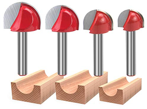 RKURCK Core Box Router Bit, 1/4 Shank Carbide Tipped Double Flute Round Nose Router Bit - 5/8 3/4 7/8 1 Cutting Diameter for Woodworking Milling Cutter 4 Pcs