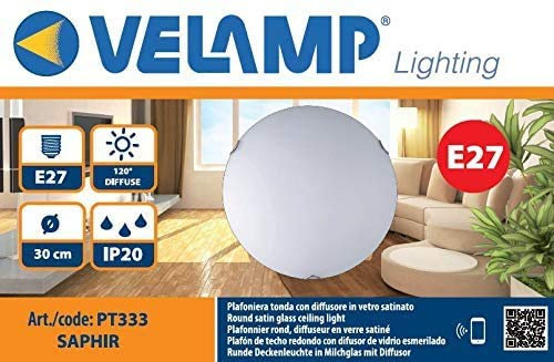 Velamp PT333 Plafonnier Rond en Verre Poli, 30cm de diamètre. Un culot pour Ampoule E27. LED Compatible. Montage Simple. Design Classique et élégant, 40 W, Blanc