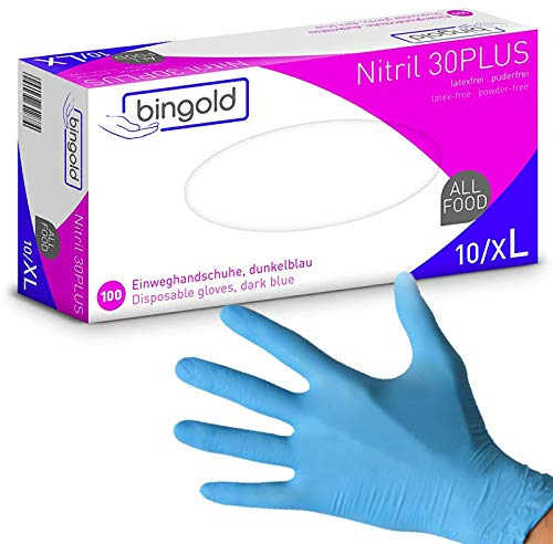 Einmalhandschuhe Nitril Einweghandschuhe Bingold 30Plus Blau Latexfrei 100 Stück (XL)