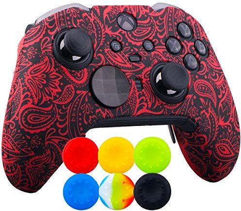 9CDeer 1 Stück von Schutz Benutzerdefiniertes Transferdrucken Silikon Abdeckung Haut Ärmel Fall Cover Skin Hülle Pflanzen rot + 6 Thumb Grips Aufsätze zum Xbox Elite Series 2 Controller