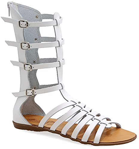 41 blanc Emmanuela Sandales en cuir de gladiateur à la main de l'Emmanuela antique grecque, des sandales hautes veaux avec fermeture à glissière à la tige, chaises d'été plats pour femmes
