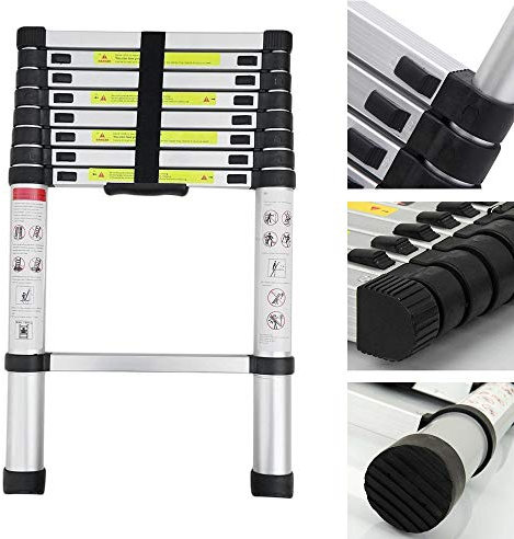 2.6M Telescopic Ladder Straight Extension Folding Aluminium Ladder Heavy Duty Safety Locking Multi-Purpose Multi-Function Ladder Max Load 150KG
