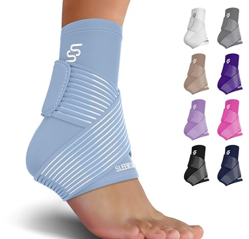 Sleeve Stars Ankle Brace for Women & Men, Ankle Wrap for Sprain, Compression Sleeve for Plantar Fasciitis Relief, Easy Customizable Support: w/Removable Strap (Single/Light Blue)