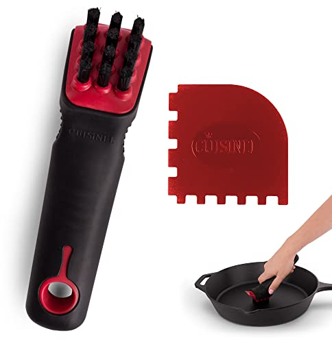 Cuisinel Cast Iron Scrubber Cleaning Brush + Pan/Grill Scraper - Skillet and Grill Cleaner Kit - Soft-Touch Confident-Grip Dish Scrub Tool - Tough on Grease, Gentle on Metal and Non-Stick Cookware