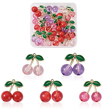 PandaHall 20pcs Enamel Cherry Charms Pendants 5 Colors Light Gold Plated Lovely Dangle Charms for DIY Necklace Bracelet Earring Crafts