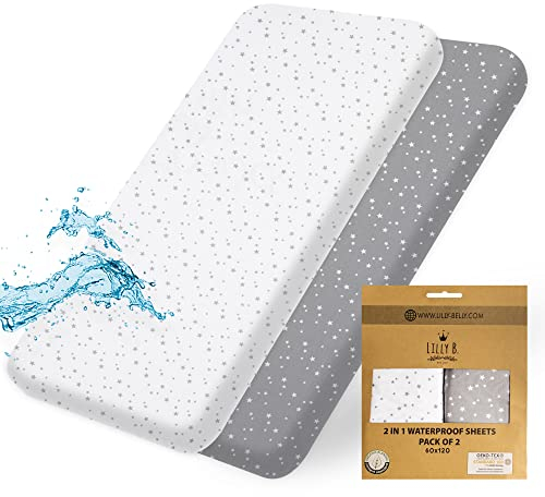 Spannbettlaken 60x120 Baby, Bio-Baumwolle GOTS 2in1-Pack mit 2 Wasserdichten Bettlaken, Verwendet anstelle von Matratzenschoner für Kinderbetten, kompatibel mit Allen Beistellbetten