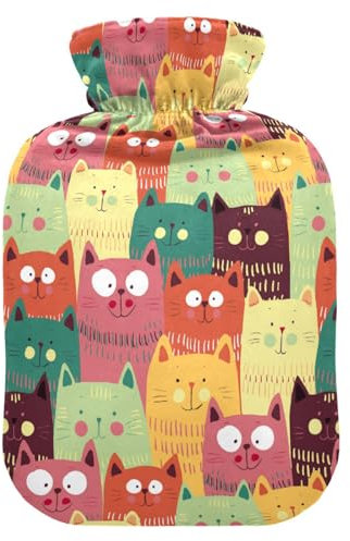 Hot Water Bottle, 2L Large Hot Water Bottles with Cover, Leak Proof Best for Winter Sports Outdoors Relief from Back, Neck and Leg Cold Muscle Pain and Cramps (Cute Cats Colorful Pattern)