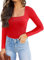 REORIA Damen langarm Bodysuit Sexy eckiger Ausschnitt doppelt gefüttert Overalls Rot XL