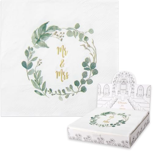 yumcute 40 Stück Servietten Hochzeit Mr Mrs, 3-lagig 33x33 cm Hochzeits Servietten Eukalyptus Blättern, Hochzeit Servietten Vintage für Party, Hochzeitsdeko und Tischdeko Hochzeit(Grün & Weiß)