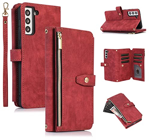 UEEBAI Hülle für Samsung Galaxy A54 5G, 9 Kartenfäche Retro Leder Geldbörs Flip Case mit Umhängegurt Handschlaufe Standfunktion Reißverschluss Handyhülle Magnetverschluss Wallet – Retro Rotwein