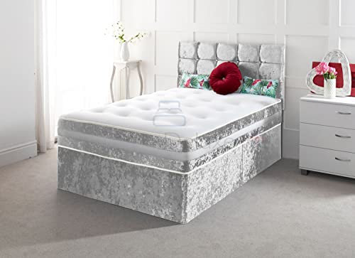 Comfy Deluxe LTD Crushed Velvet Divan Bed with Mattress Headboard and Storage Drawers (Silver, 3FT (Single) - 0 Drawers)