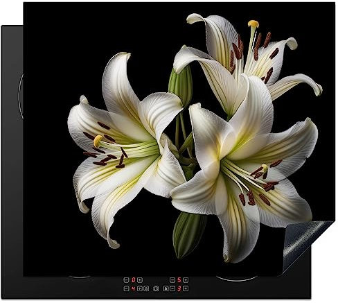 KitchenYeah© Protection Plaque Cuisson Deco Cuisine Cache Induction 58x51 cm Protege Pour Cuisiniere Protection Lys - Fleurs - Blanc - Nature - Botanique