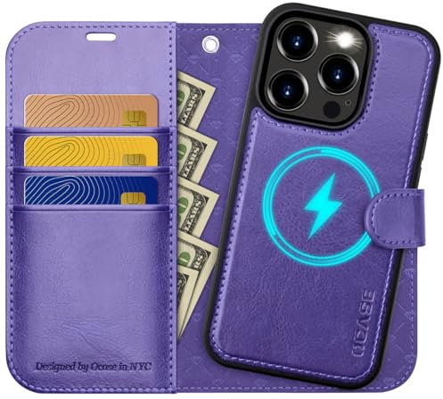 OCASE iPhone 15 Pro Max Hülle(2in1) Leder Stoßfestes Case [Abnehmbare magnetische Hülle] [Kabelloses Laden] [Kartenfach] iPhone Handyhülle RFID Schutzhülle Etui Klapphülle Lila 6,7 Zoll