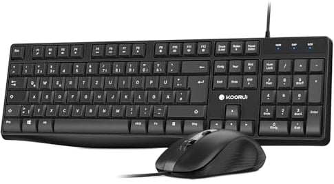 KOORUI Teclado y ratón, Teclado alemán QWERTZ con 12 Teclas de función de 2,4 GHz para Windows, MacOS, Linux, Negro