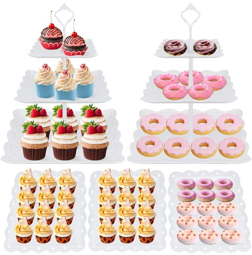 2 Stück Cupcake Ständer mit 3 Pastry Trays, Etagere 3 Etagen Weiß mit 20 Stück Kuchengabeln, Donut, Muffins und Cupcakes Cupcake Dessert Tortenständer für Hochzeit, Zuhause, Geburtstag, Party