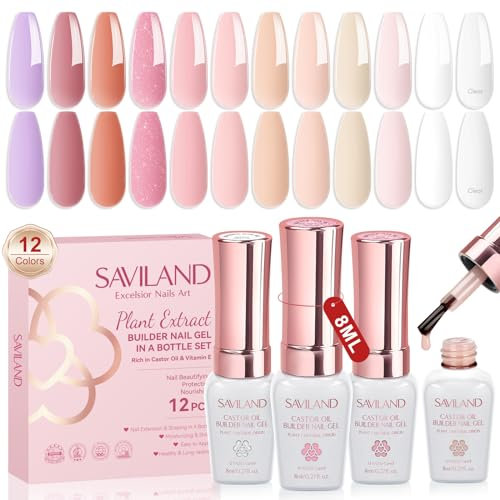 Saviland Builder Nail Gel Kit: 12 Classic Colors Builder Gels for Nails Hard Gel Nail Extension Nail Strengthener Nail Repairing Natural Shape Builder Gels in a Bottle Nicely Designed as Women Gifts