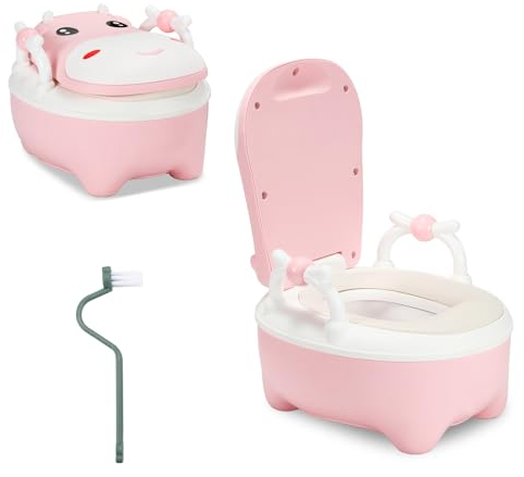 Jopassy Töpfchen für Kinder,Kinder töpfchen mit Kuh-Muster,Typ der Schublade kindertoilette,Toilettentrainer mit Griffe,Bürste,weiches PU-Kissen,kindertöpfchen Anti-Spritzschutz -Rosa