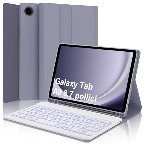 WINCHKING Tastiera per Samsung Galaxy Tab A9 8.7, Cover Galaxy Tab A9 con Tastiera, Italiano Bluetooth Rimovibile Retroilluminata Keyboard per Samsung Tablet a9 2023 8.7 Pollici, Viola lavanda