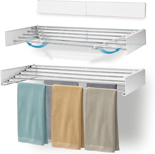YRUISI Étendoir à vêtements pliable pour intérieur et extérieur - Rétractable - Fixation murale pour intérieur et extérieur - Design compact et concis - Gain de place (blanc, 5 tiges)