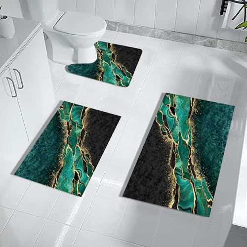 MUGINYU Badezimmerteppich-Set, schwarz-goldgrün, Smaragdgrün, Marmor, Badezimmer, Küche, Dekoration, Jäger, dunkelgrün, 3-teilig, abstrakt, modern, Gummi, schnell trocknend, super saugfähig, Badematte