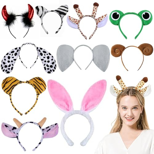 Tier Haarreifen, 10 Stücke Cartoon Party Tier Verkleidung Haarreif mit Ohren Stirnbänder Tiger Elefant Hund Giraffe Hasen Katze Kostüm Zubehör, für Kinder Erwachsene Karneval Geburtstag Themenparty