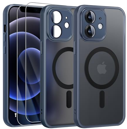 FLLAO Magnétique Coque pour iPhone 12 avec 2 Verre Trempé, Compatible avec MagSafe, Protection d'objectif Tout Compris, Etui Translucide Mat Arrière Housse Fine Antichoc Case, Bleu Orage