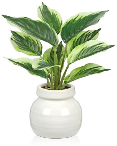 Arborus Planta artificial en maceta de cerámica, plantas artificiales con márgenes blancos, plantas artificiales en maceta para decoración del hogar
