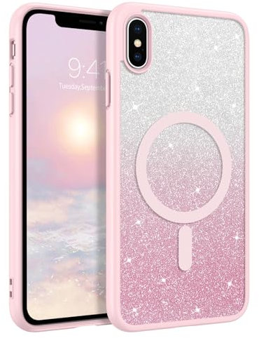 DUEDUE Cover Magnetica per iPhone XR 6.1[Compatibile con MagSafe], Custodia per iPhone XR Case Glitter Sottile Lucida TPU Silicone Anti-Scivolo, Ricarica Magnetica Wirelesse, Gradiente Rosa