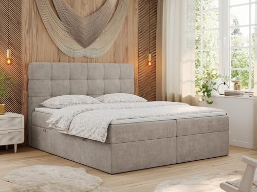 MKS MEBLE Boxspringbett 160x200 mit Matratze, Bett mit Multipocket - Matratze H3 und Topper, Polsterbett 160x200 mit Bettkasten und Kopfteil, ERNI - Beige Stukture