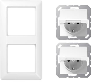 Jung SCHUKO Set Alpinweiß Serie AS AS582WW Rahmen 2-fach + 2x A1520KLWW SCHUKO® Steckdose mit Klappdeckel
