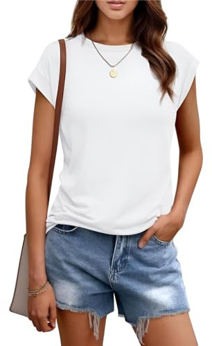 AirMood Womens Summer Casual Basic T-Shirt Tops Dressy Loose Fit Crewneck Cap Sleeve Tee Tshirts (White,S)