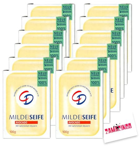 CD Milde Seife mit Avocado VEGAN & PFLANZLICH 100g | Plastikfrei, mit natürlichem Glycerin, neues handliches Format + Zama4Zingo Karte (Avocado, 12er Pack)